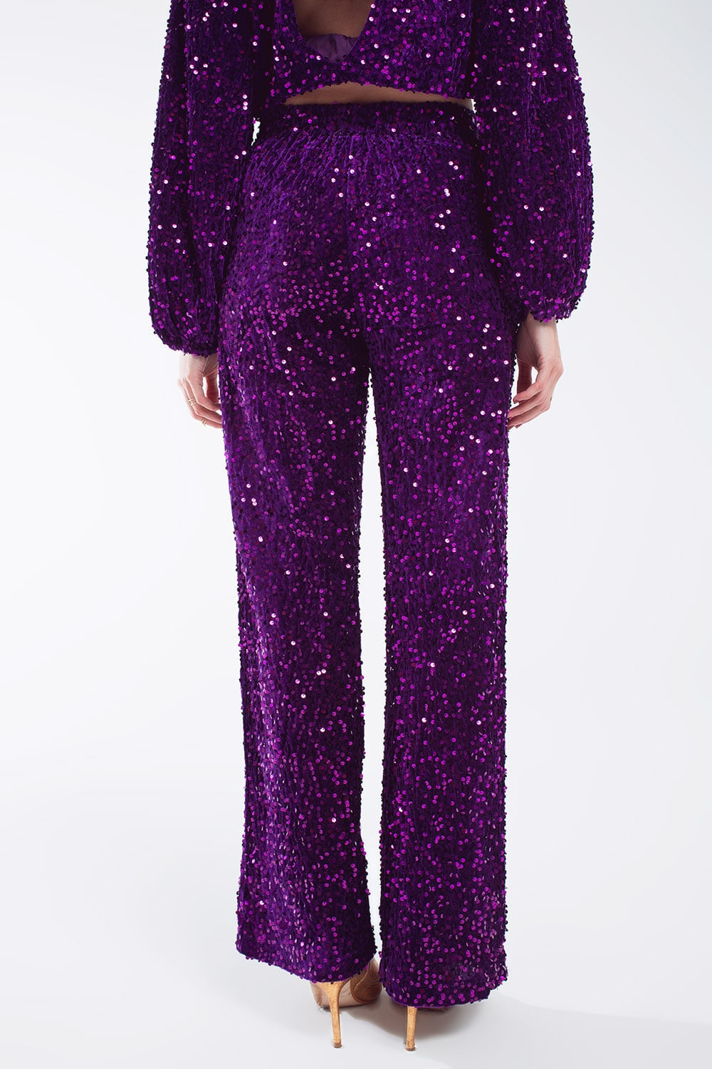 Wide Leg Sequin Pants With Side Pockets In Purple - Trousers