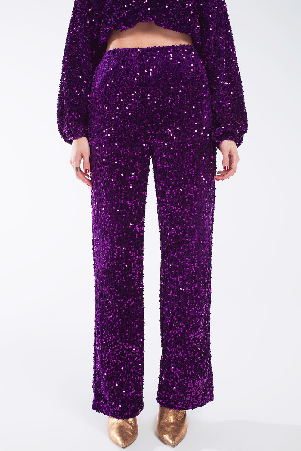 Wide Leg Sequin Pants With Side Pockets In Purple - Trousers