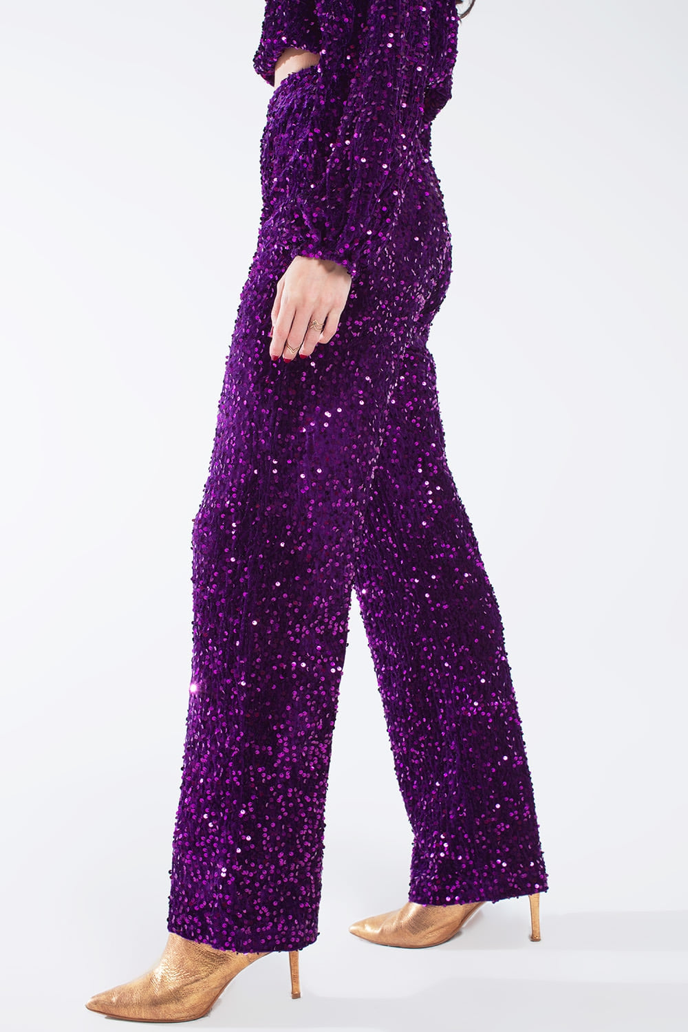 Wide Leg Sequin Pants With Side Pockets In Purple - Trousers