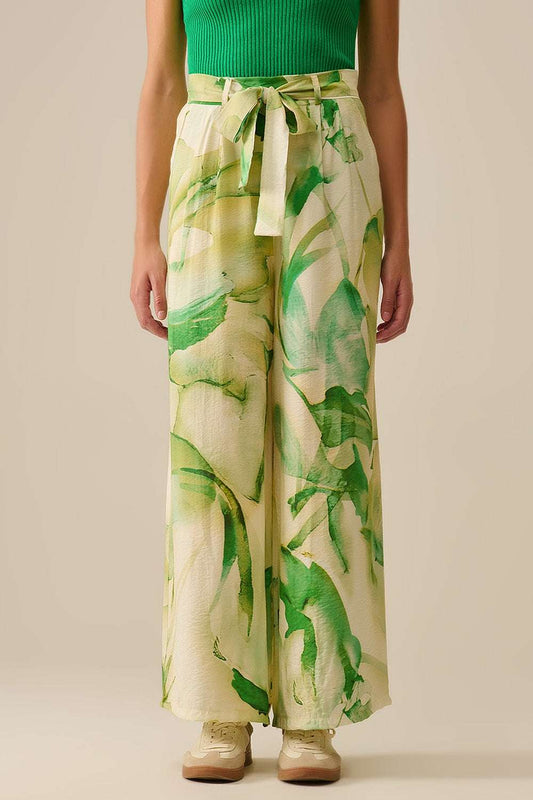 Wide Leg Trousers with Green Watercolor Print - Trousers