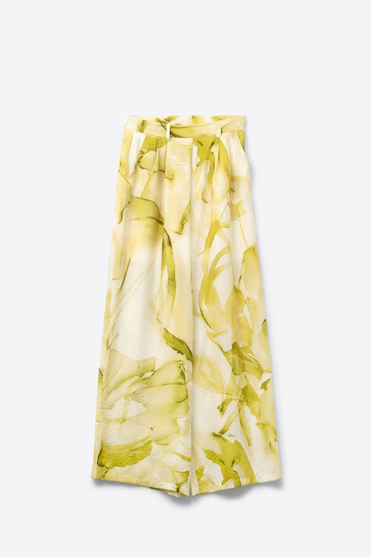 Wide Leg Trousers with Yellow Watercolor Print - Trousers