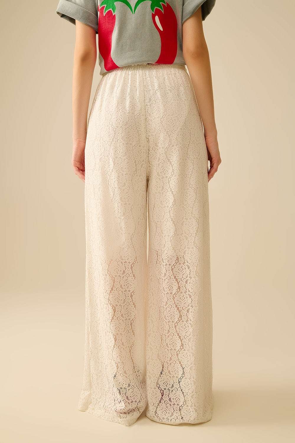 wide-legged lace pants with elastic waistband - Trousers