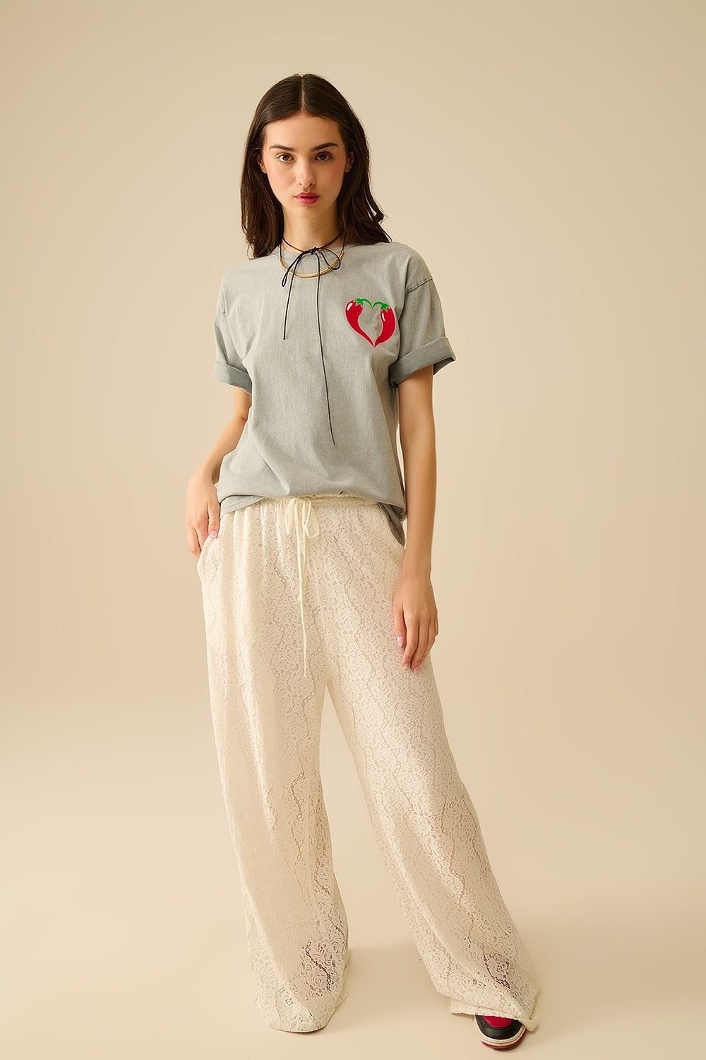 wide-legged lace pants with elastic waistband - Trousers