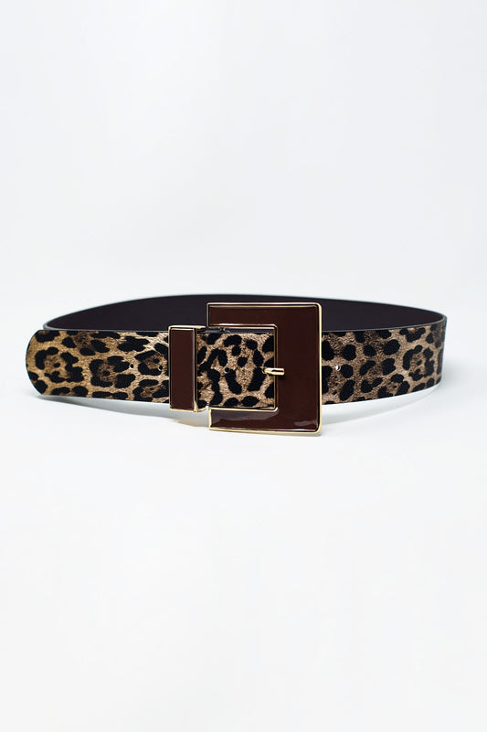 Wide leopard belt in dark brown with black square buckle - Belts