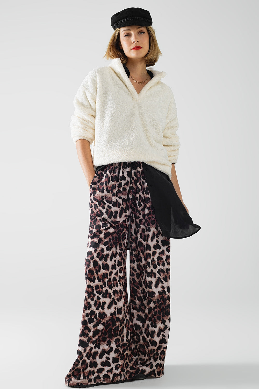 Wide leopard pants with satin side stripe - Trousers