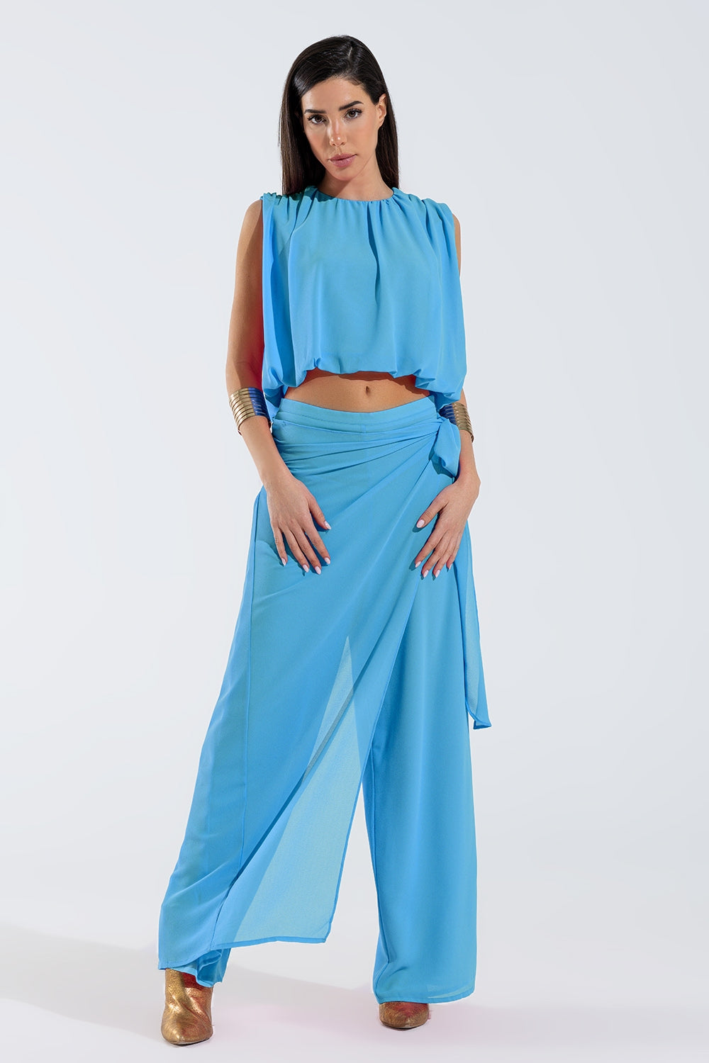 Wide Light blue Pants Overlay Skirt Tied At The Side - Trousers