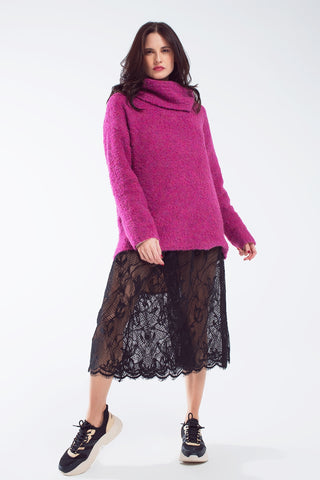 Wide sweater with bardot neck in magenta