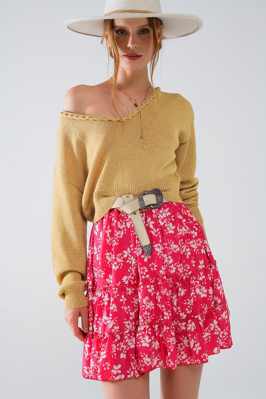 Wide V-neck Light Sweater With Braided Detail In Gold - Jumpers