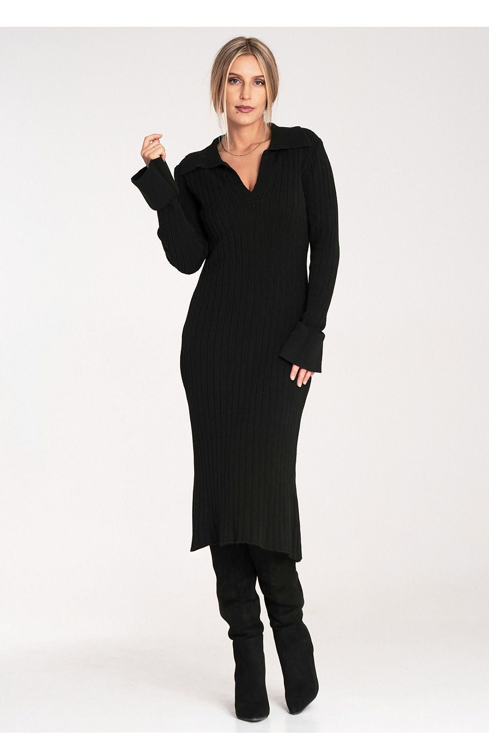 Women's Long Sleeve Midi Dress in Grey Knit - Dresses