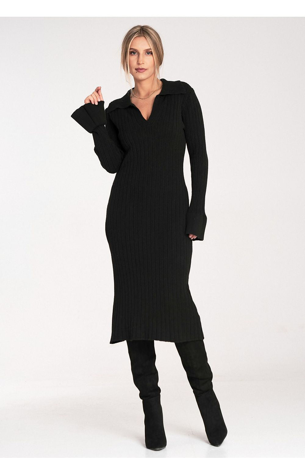 Women's Long Sleeve Midi Dress in Grey Knit - Dresses