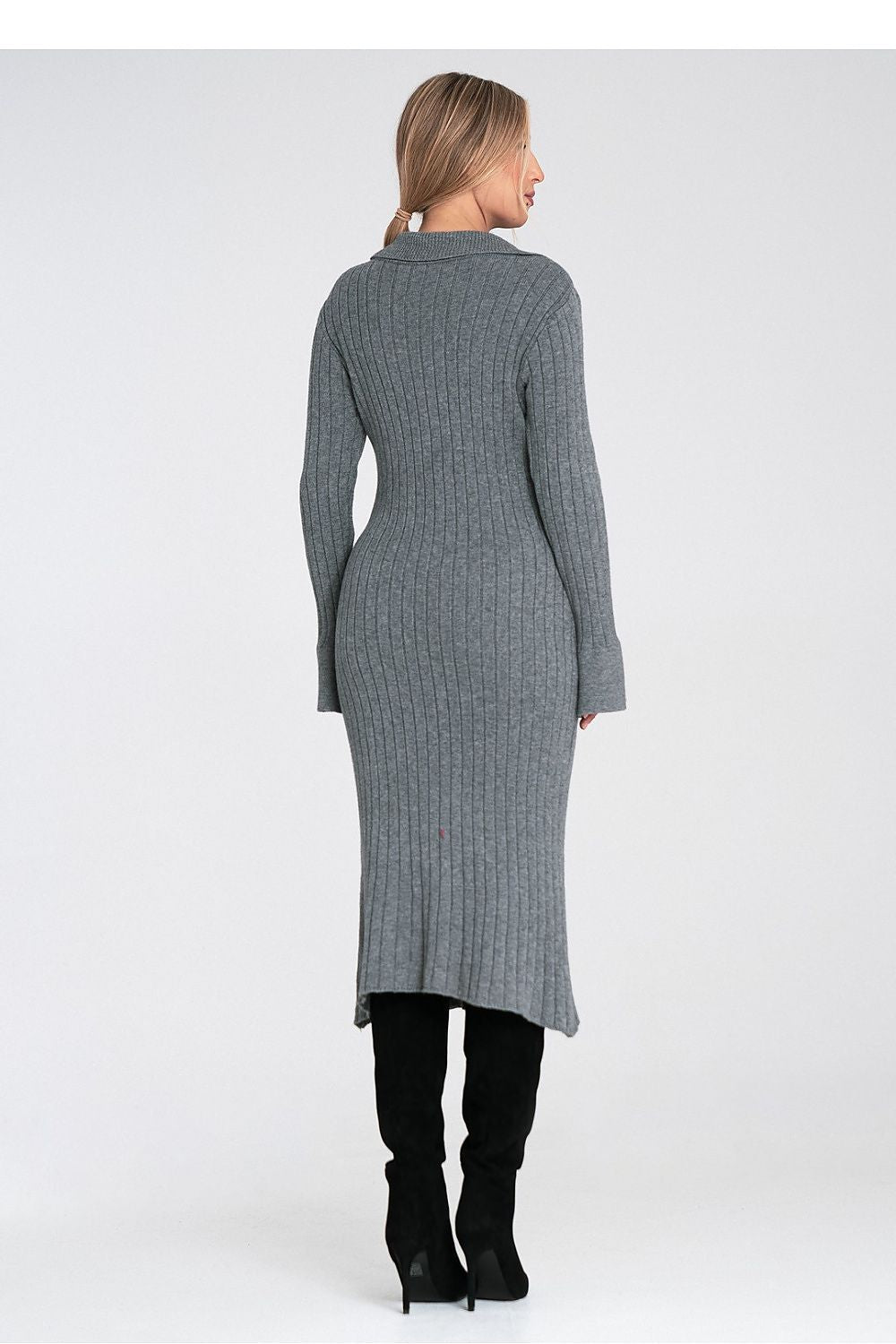 Women's Long Sleeve Midi Dress in Grey Knit - Dresses