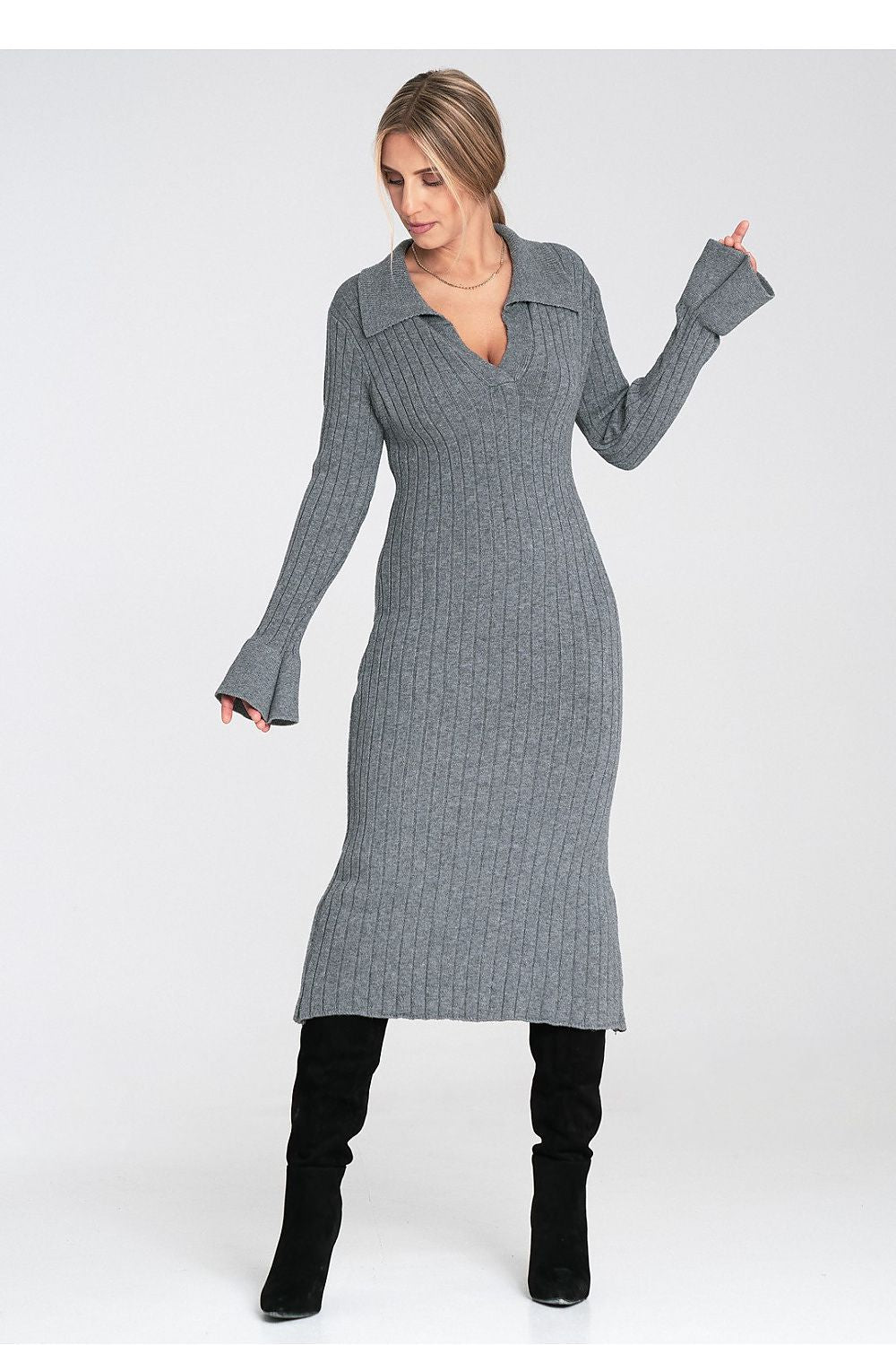 Women's Long Sleeve Midi Dress in Grey Knit - Dresses