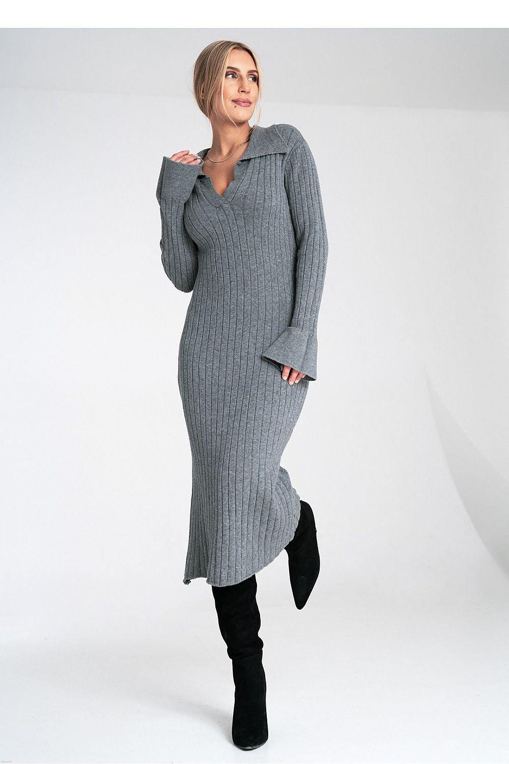 Women's Long Sleeve Midi Dress in Grey Knit - Dresses