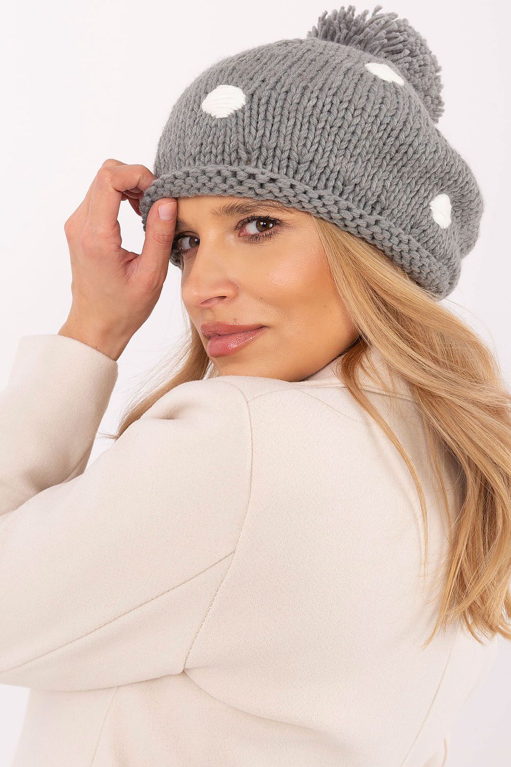 Women's Pattern Cap with Dots - Trendy Grey Hat - Hats