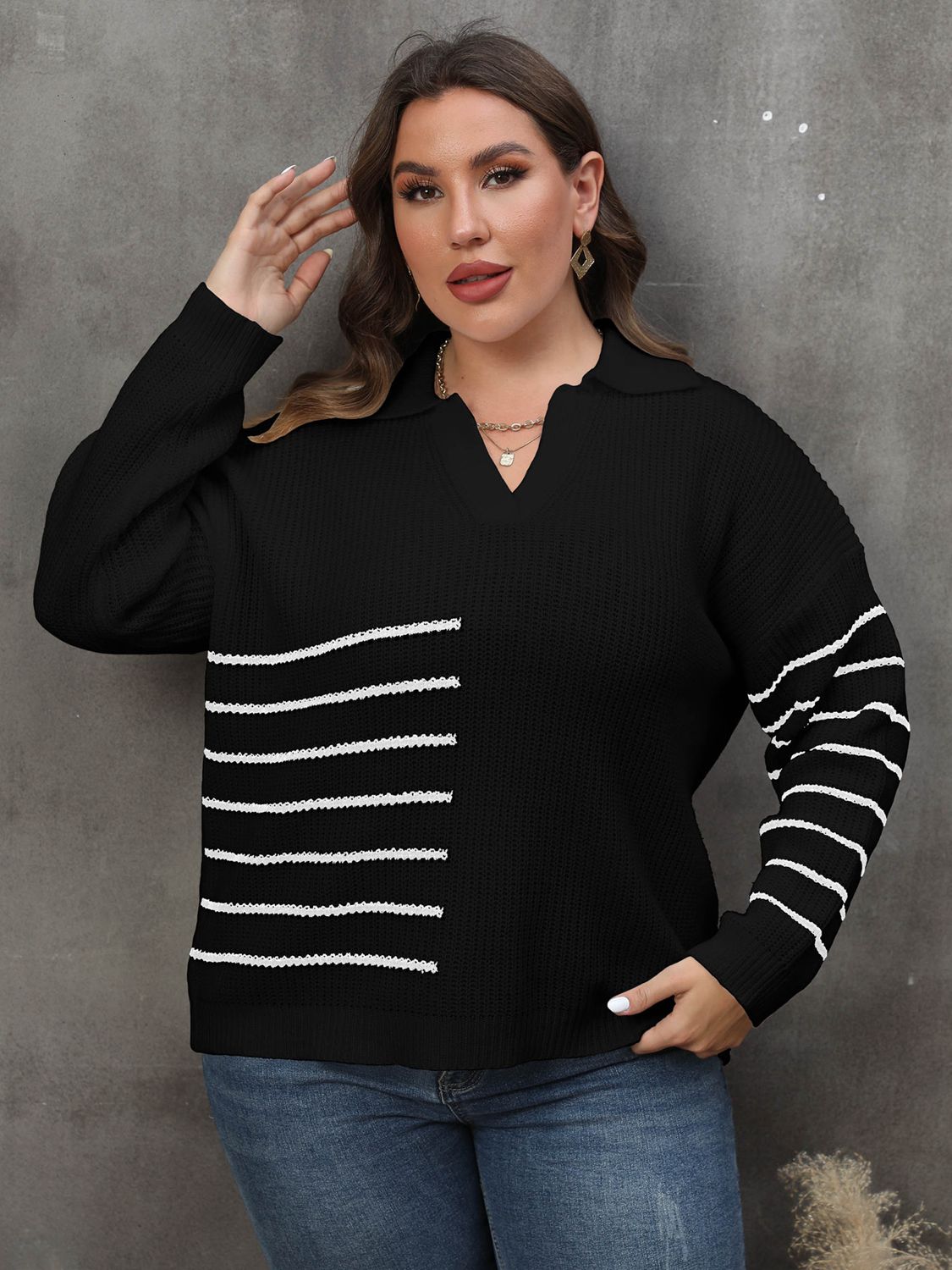 Women's Plus Size Knitwear Striped Sweater Black - Sweaters