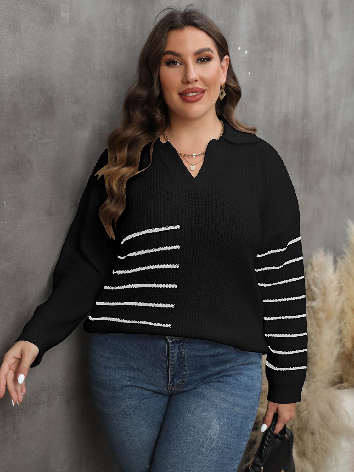 Women's Plus Size Knitwear Striped Sweater - Sweaters