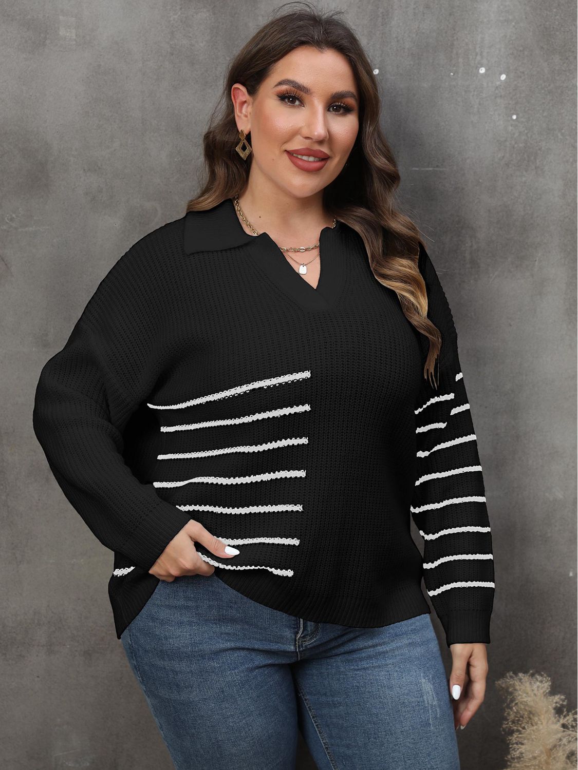 Women's Plus Size Knitwear Striped Sweater - Sweaters