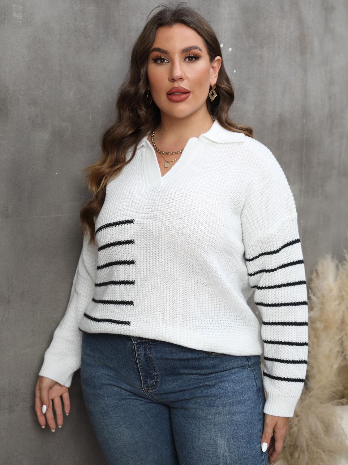 Women's Plus Size Knitwear Striped Sweater - Sweaters