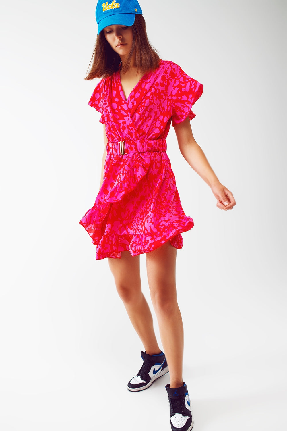 Wrap Belted Animal Print Mini Dress in Fuchsia - Dresses