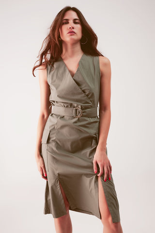 Wrap dress with tie waist detail in khaki