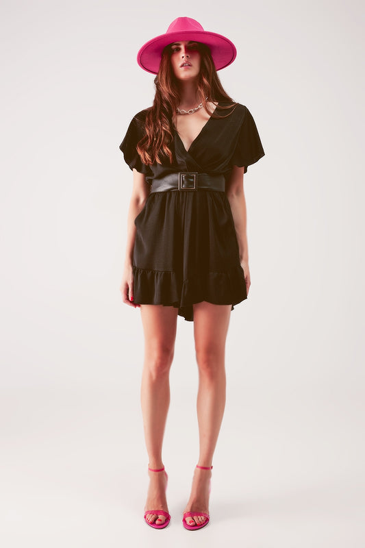Wrap front frill hem jumpsuit in black - Dresses