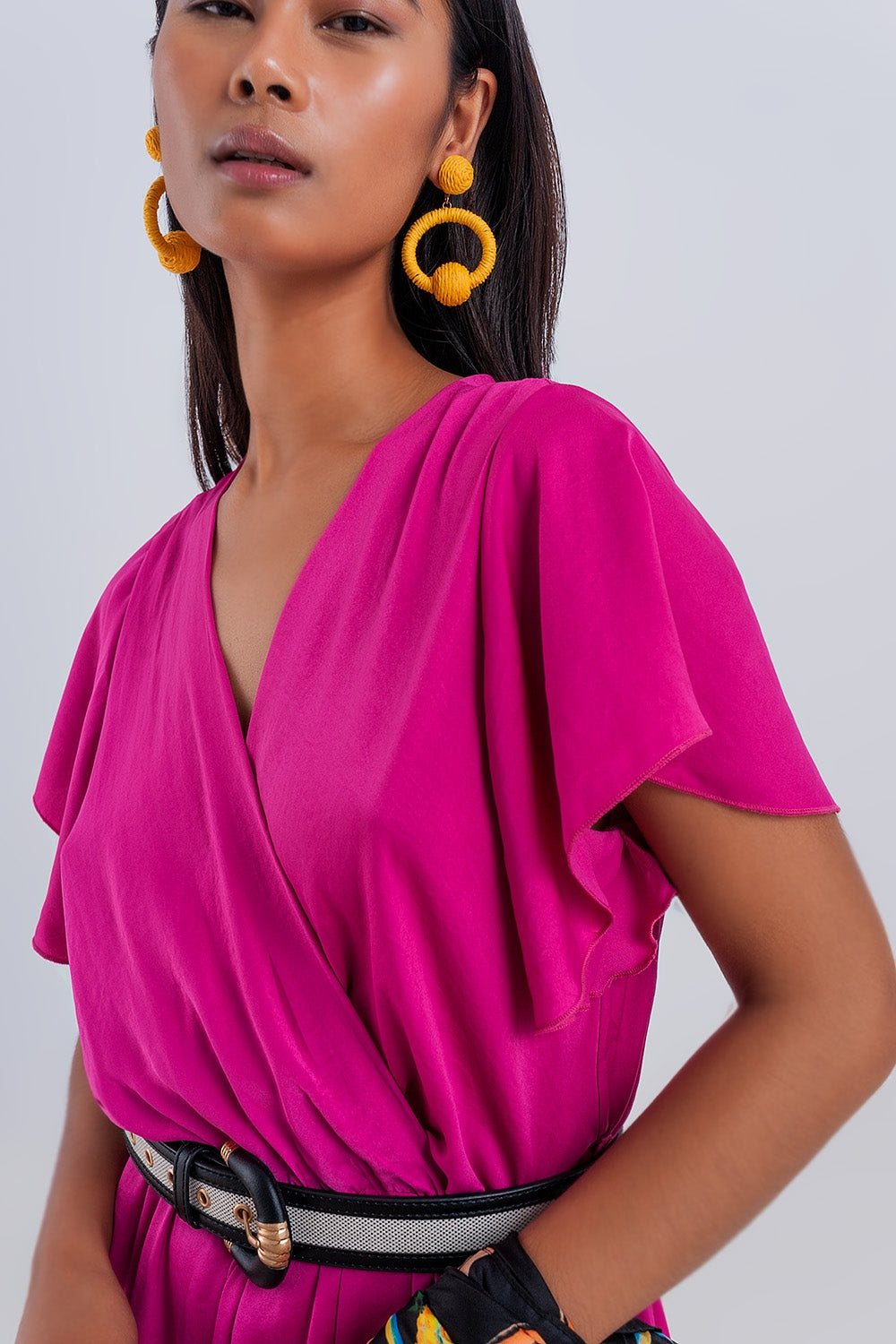 Wrap front frill hem jumpsuit in fuchsia - Dresses