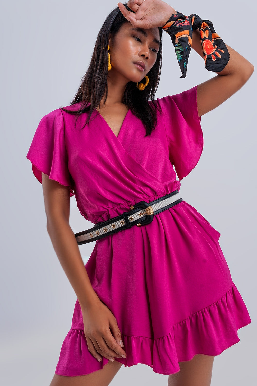 Wrap front frill hem jumpsuit in fuchsia - Dresses