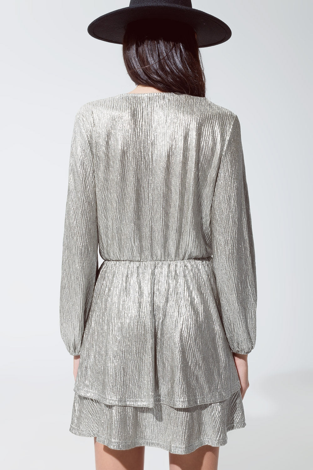 Wrap Long Sleeve Tiered Silver Dress - Dresses