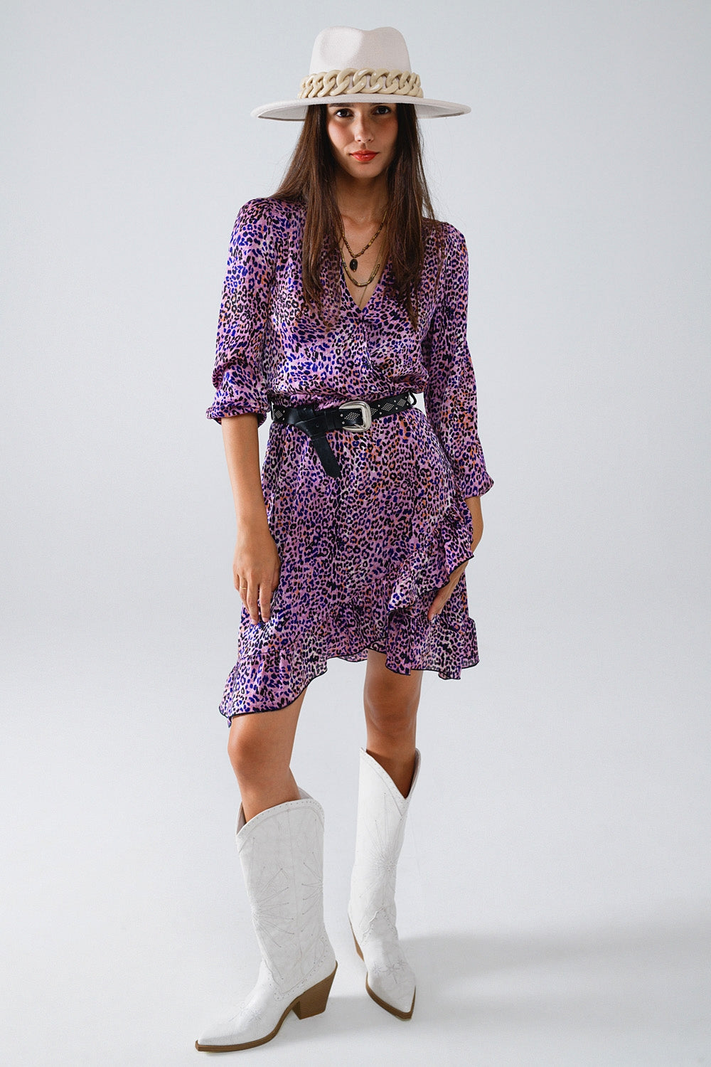 Wrap Purple Animal Print Dress With Ruffle Skirt - Dresses