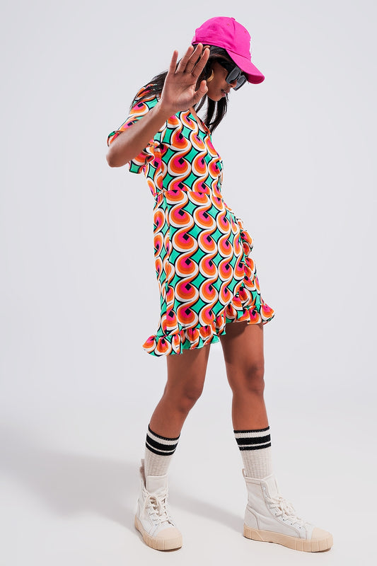 Wrap ruffle hem mini dress in 70s orange print - Dresses