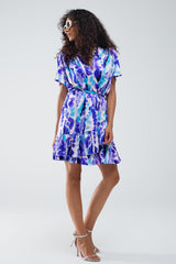 Wrap Short Dress In Blue and Purple Tie-dye