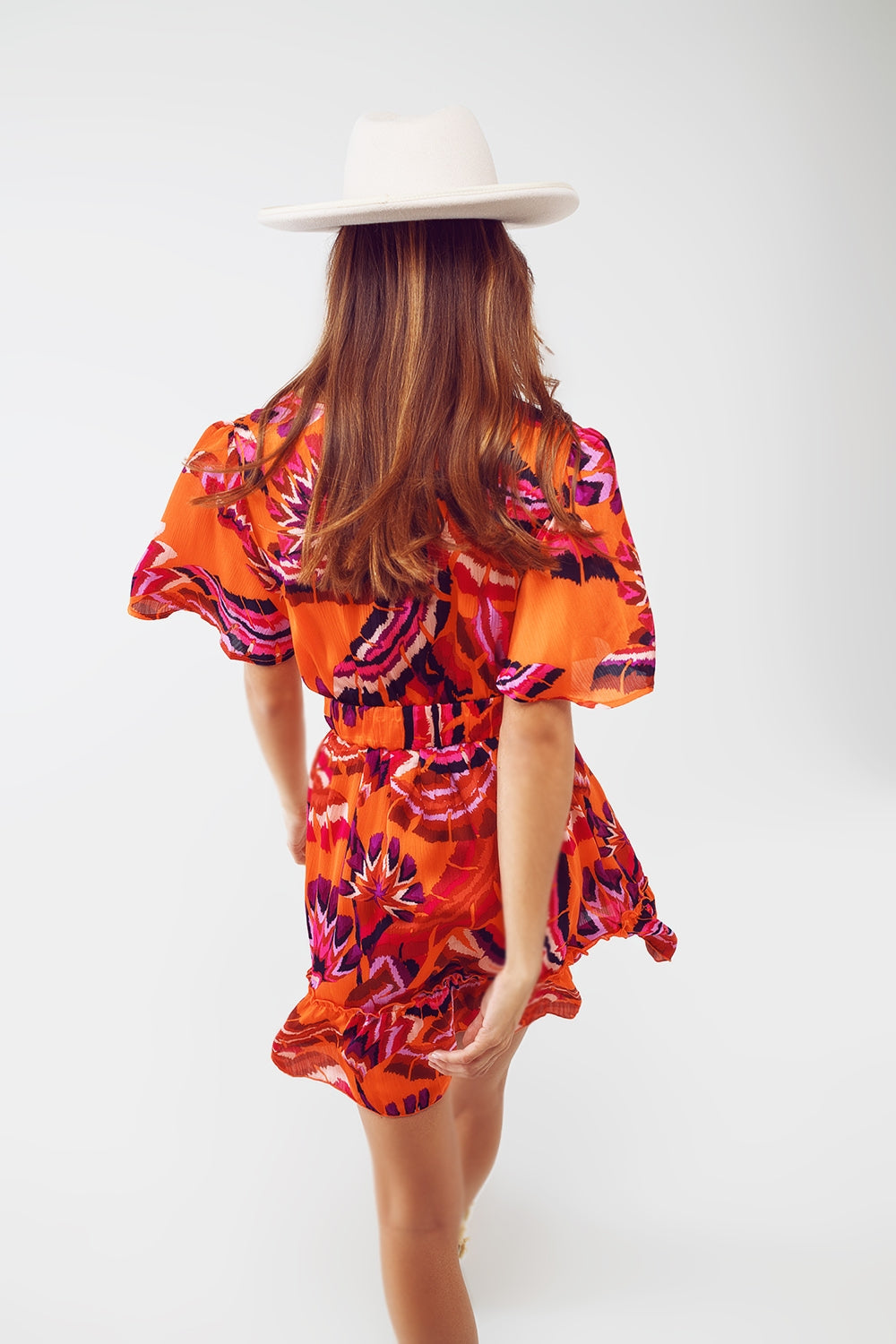 Wrap Short Dress With Angel Sleeves In Abstract Floral Print - Dresses