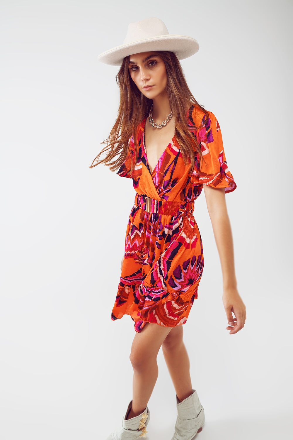 Wrap Short Dress With Angel Sleeves In Abstract Floral Print - Dresses