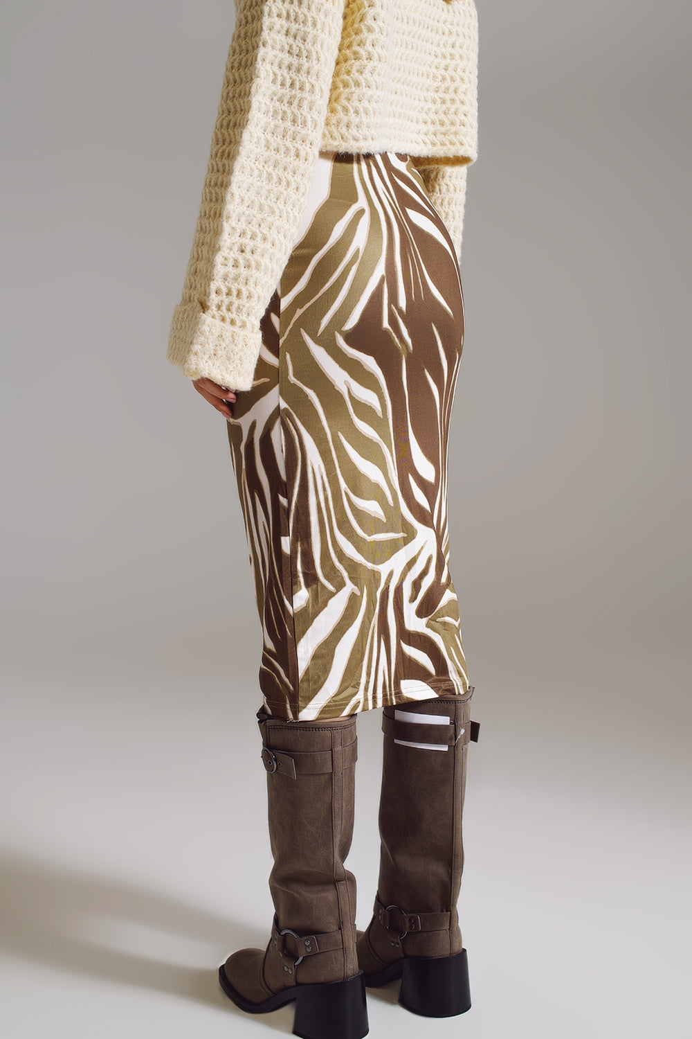 Wrap skirt with gathered detail at the side in Olive Green and Cream Zebra Print - Skirts