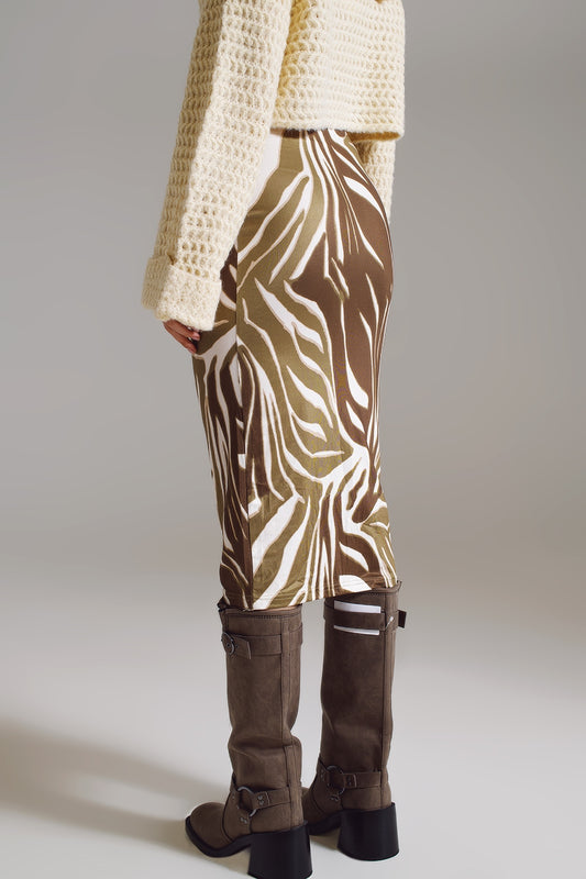 Wrap skirt with gathered detail at the side in Olive Green and Cream Zebra Print - Skirts