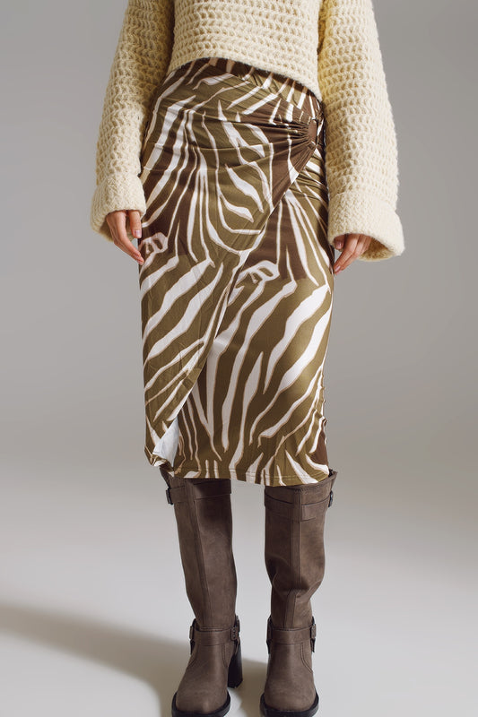 Wrap skirt with gathered detail at the side in Olive Green and Cream Zebra Print - Skirts