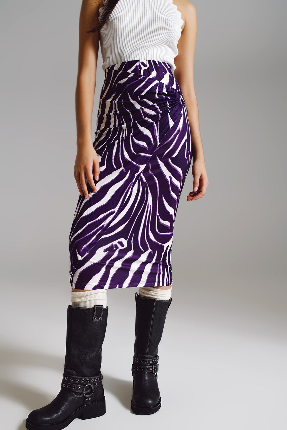 Wrap skirt with gathered detail at the side in Purple and Cream Zebra Print - Skirts