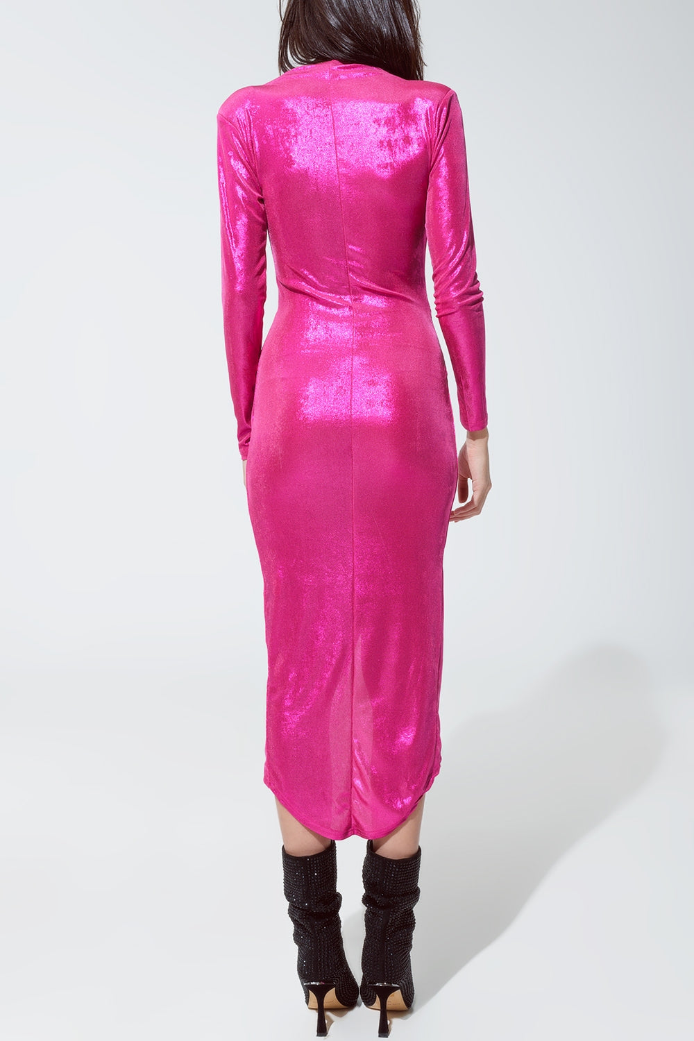 Wrapped Party Dress With Plunge Neckline in Metallic Pink - Dresses