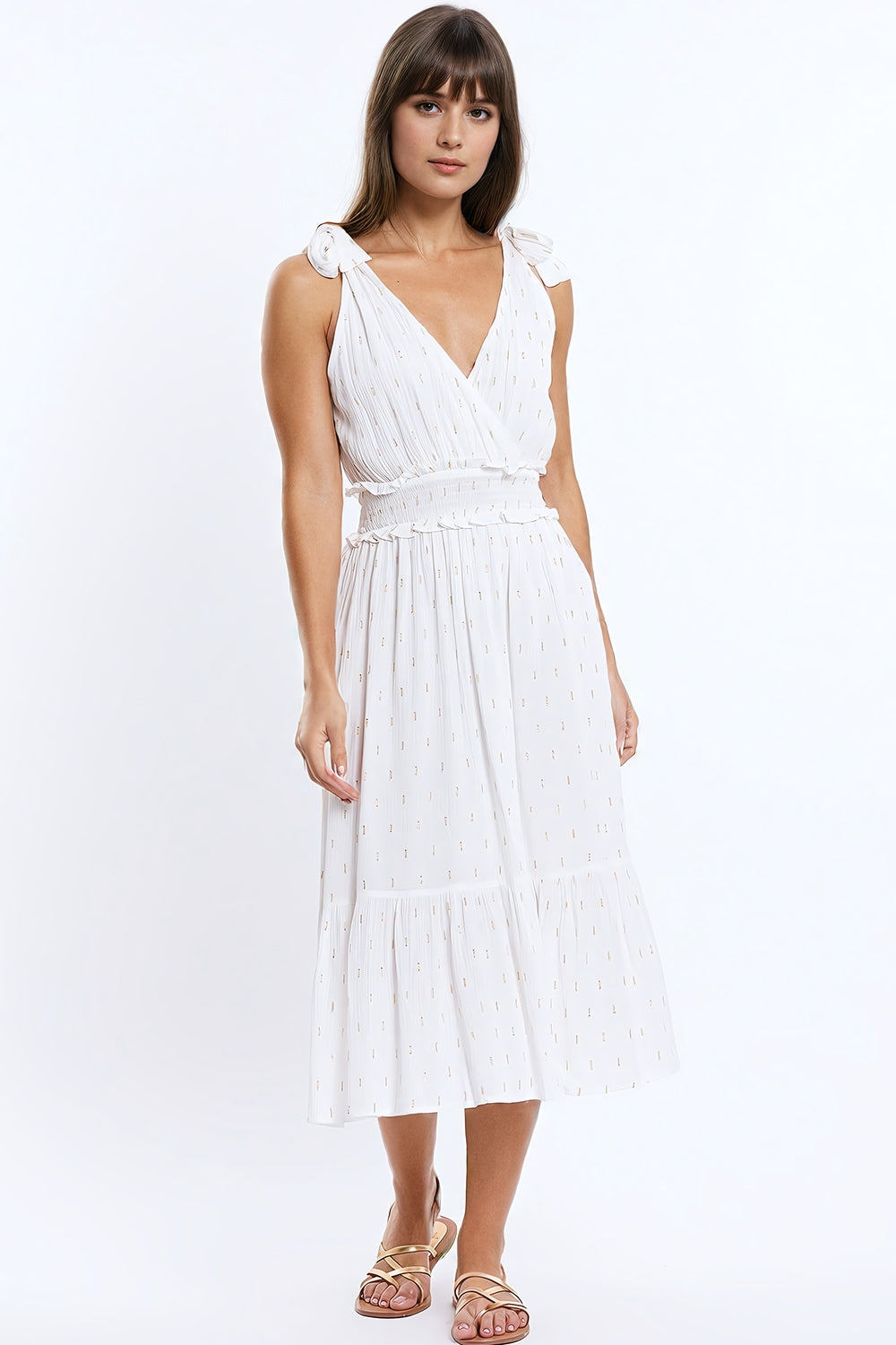 Wrapped White Midi Dress With Smock Detail At The Waist and Golden Polka Dots - Dresses