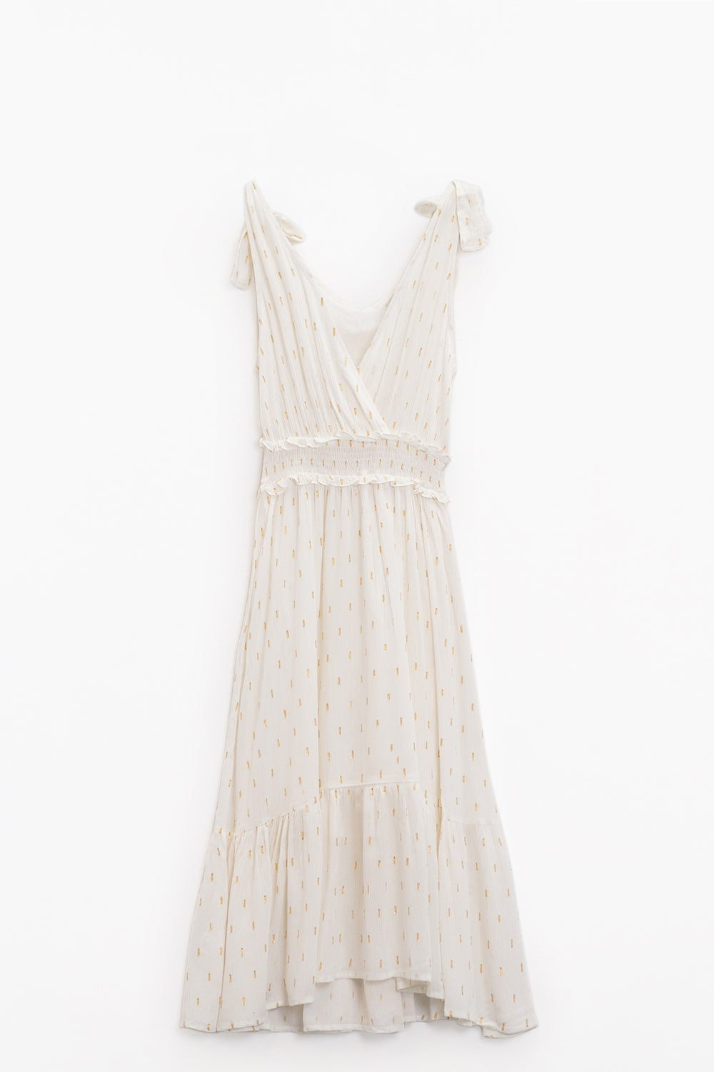 Wrapped White Midi Dress With Smock Detail At The Waist and Golden Polka Dots - Dresses