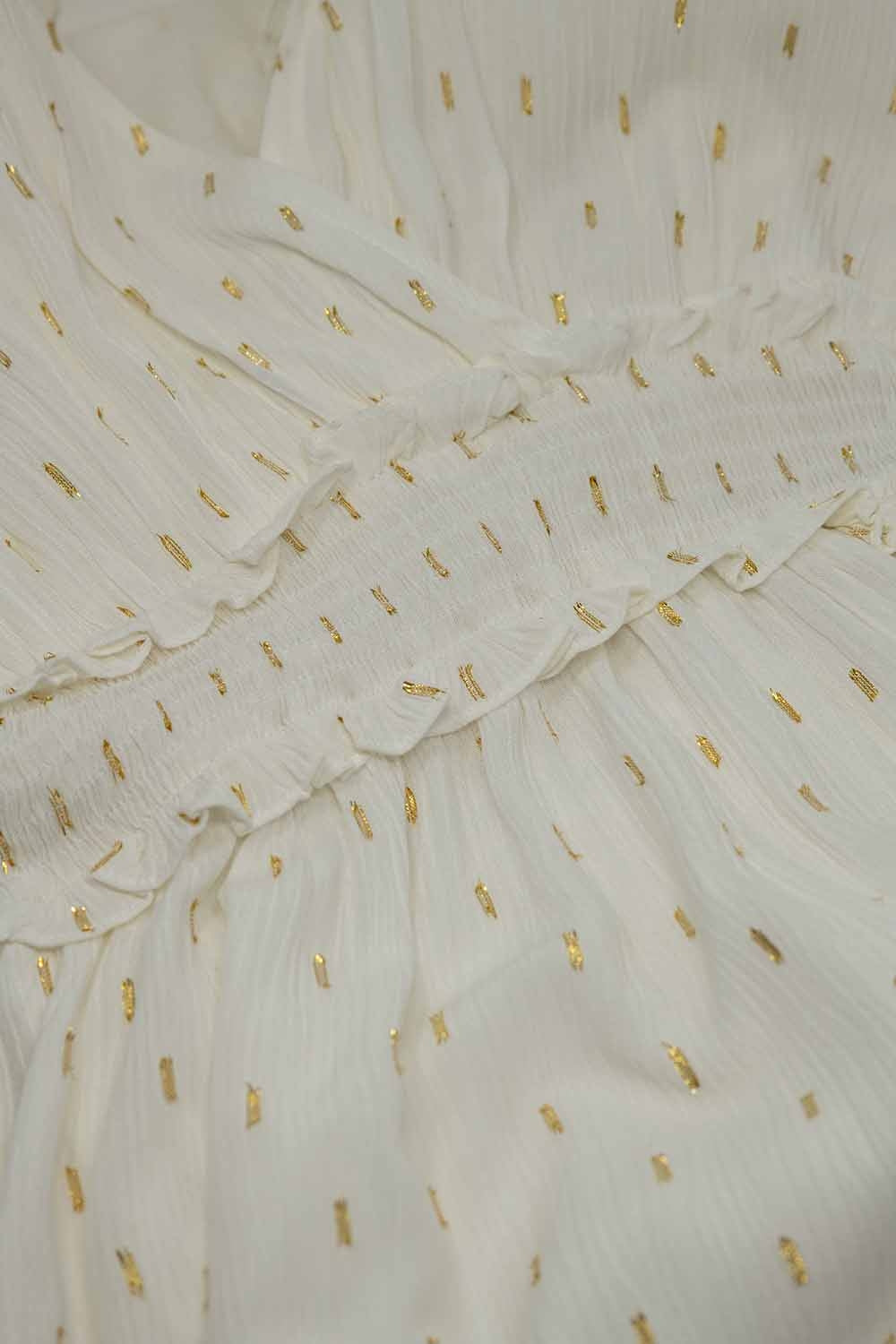 Wrapped White Midi Dress With Smock Detail At The Waist and Golden Polka Dots - Dresses