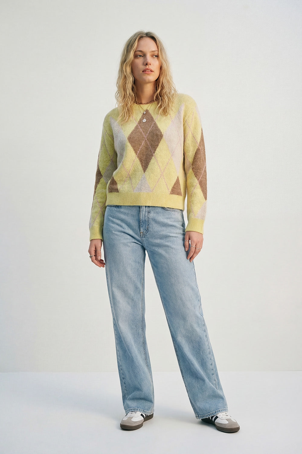 yellow and camel Argyle Sweater in Soft Fluffy Knit - Sweaters