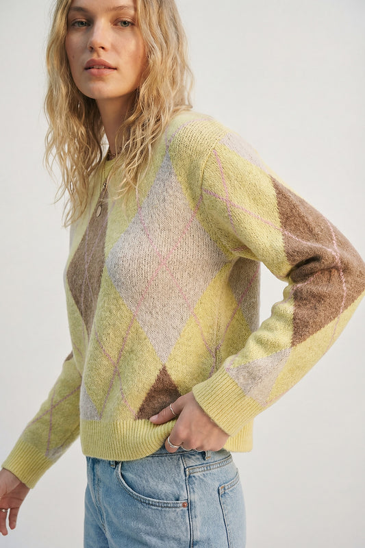yellow and camel Argyle Sweater in Soft Fluffy Knit - Sweaters