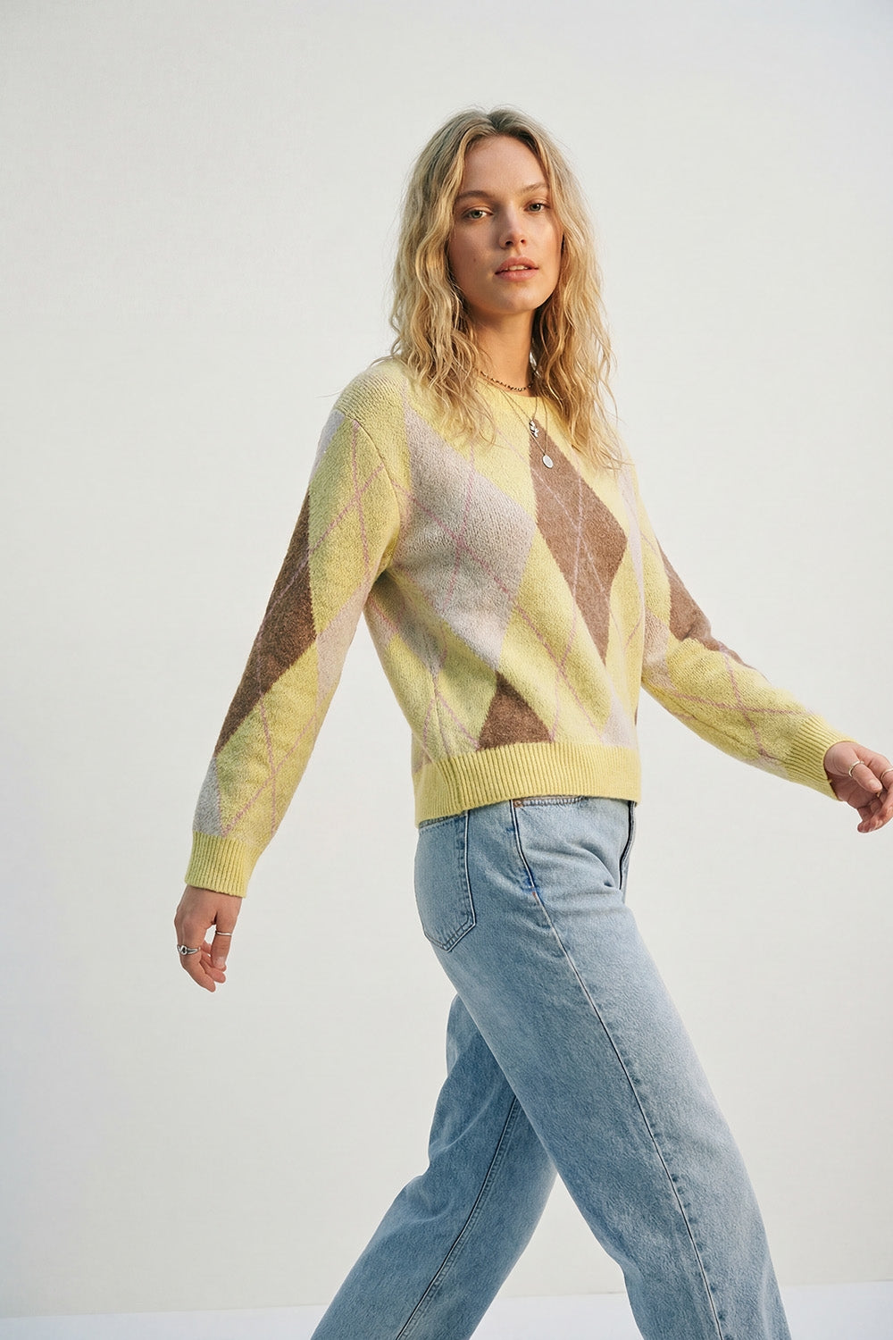 yellow and camel Argyle Sweater in Soft Fluffy Knit - Sweaters