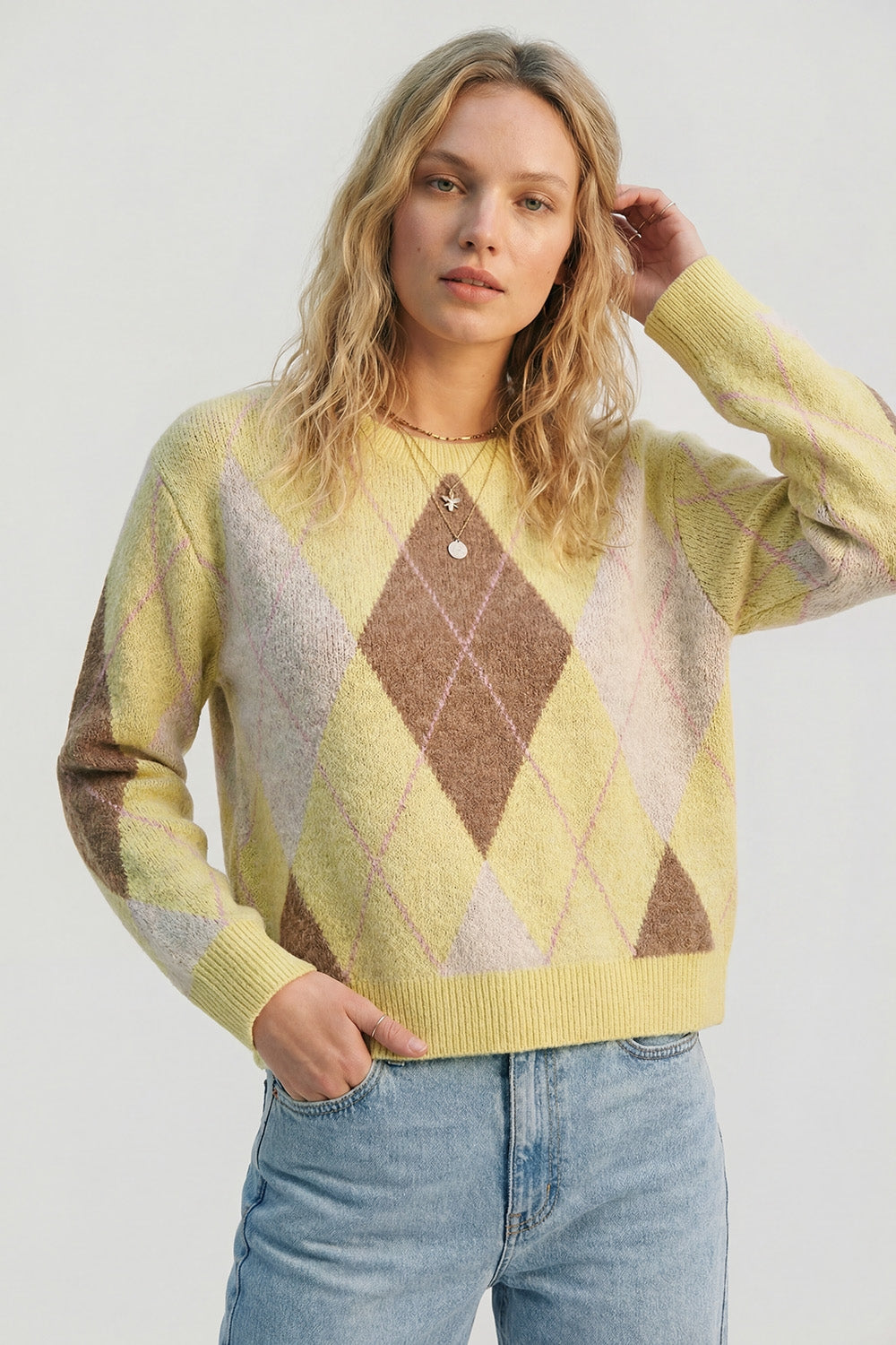 yellow and camel Argyle Sweater in Soft Fluffy Knit - Sweaters
