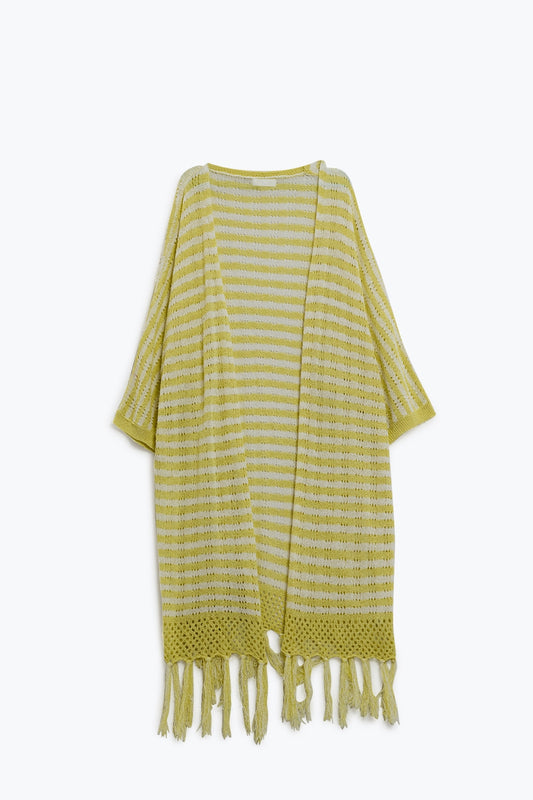 Yellow Boho Style Cardigan With Stripes Pointelle Knit and Fringe Details - Cardigans