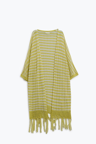 Cardigan jaune style bohème avec rayures en maille pointelle et détails à franges