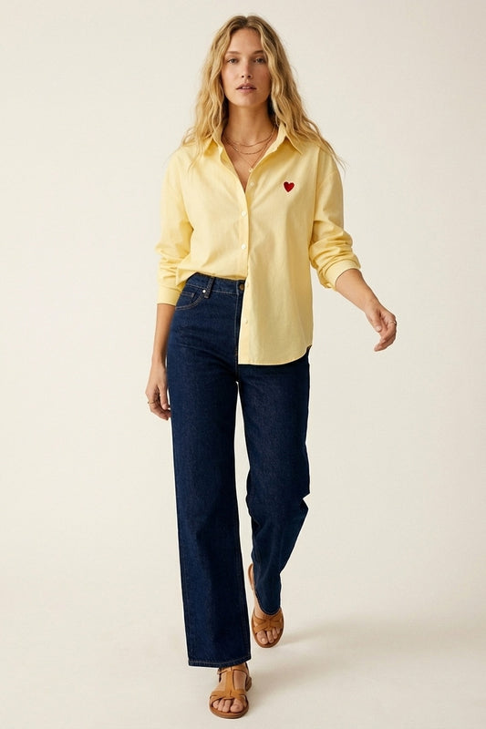 Yellow Button-Down Shirt with Heart Detail - Shirts