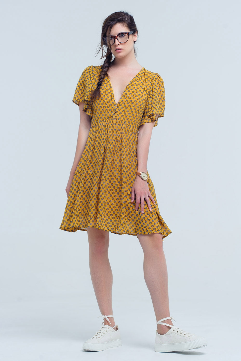 Yellow dress with flight and geometric pattern - Dresses