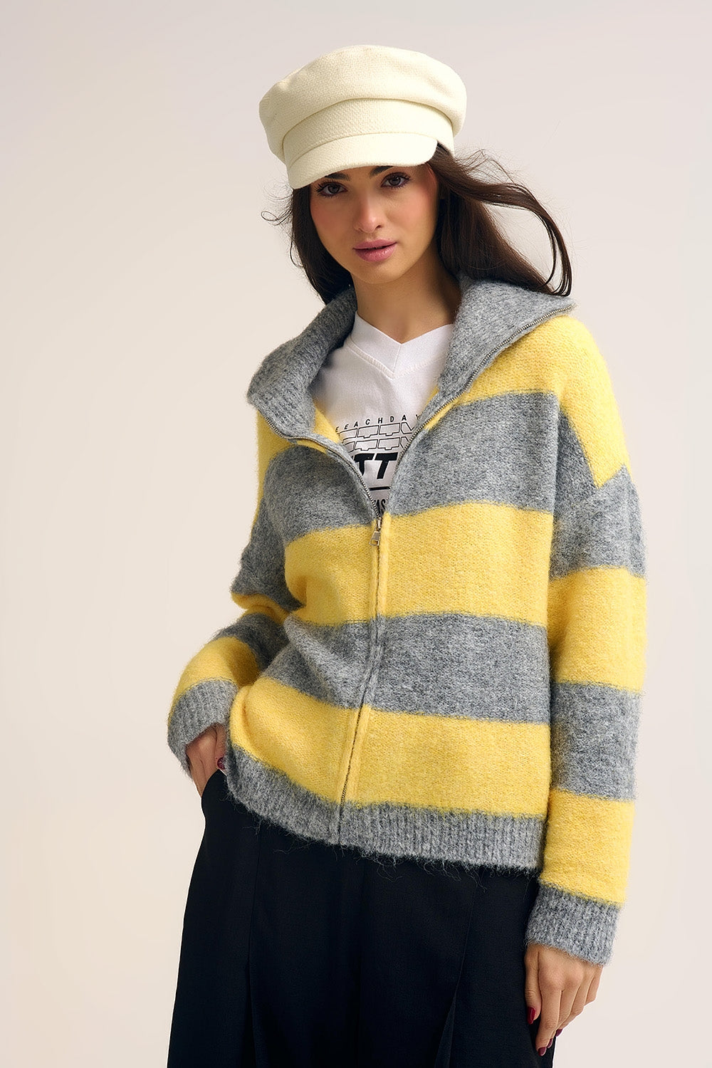 Yellow Fluffy Knitted Zip-Up Jacket with Gray Stripes - Sweaters